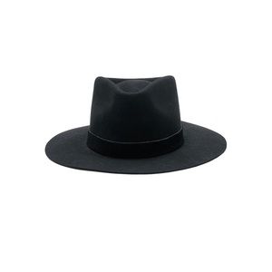 - Handcrafted Fedora Hat in Black  
- Black suede trim